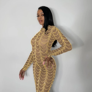 Detail of sheer long sleeve dress featuring intricate golden beaded chain patterns