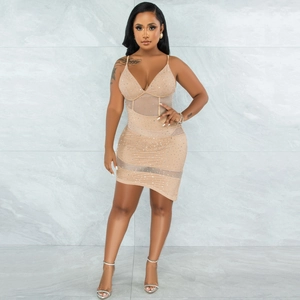 Detail of sexy V-neck mesh mini dress with rhinestones and asymmetric hemline