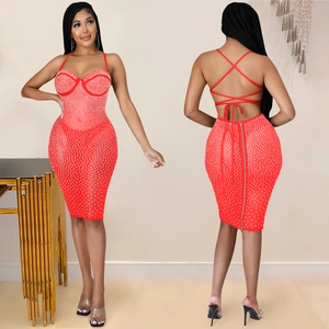 Sexy red bodycon midi dress with rhinestones, thin straps and backless lace-up detail