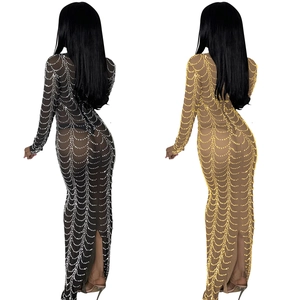 Sexy mesh sheer maxi dress with sparkling rhinestones and elegant long sleeves for women