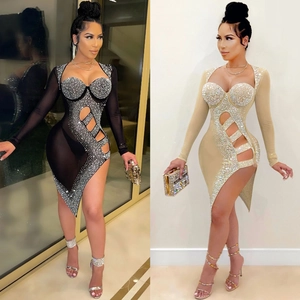 Robe Sexy pour Femmes avec Strass en Maille Ajourée Manches Longues Fente Haute Asymétrique Coupe Ajustée Robe de Soirée