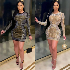 Robe Mini Moulante Sexy à Strass pour Femmes Manches Longues Géométrique Paillettes Fête Club Col Rond Robe de Soirée