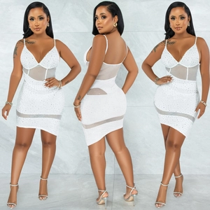 White V-neck corset dress with mesh panels and silver rhinestones in three views