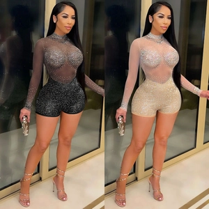Sexy Mesh Durchsichtig Strass Bodysuit Halbstehkragen Langarm Funkelnd Eng Jumpsuit Nachtclub Party Damen Romper