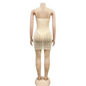 Detail des beigen Bodycon-Minikleids mit vertikalen weißen Perlen und Netzstoff am Rücken