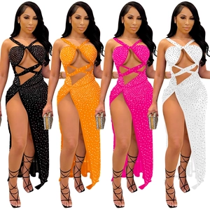 Detail showing various colors of sexy hollow out mesh dresses with sparkling rhinestones
