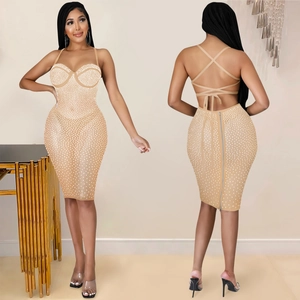 Sexy backless rhinestone bodycon mini dress with heart neckline and crossover straps