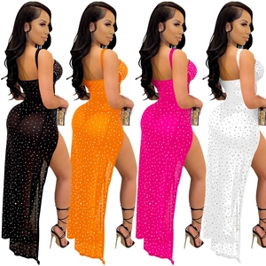 Sexy mesh maxi dress with rhinestones, slit cut and backless design in four colors