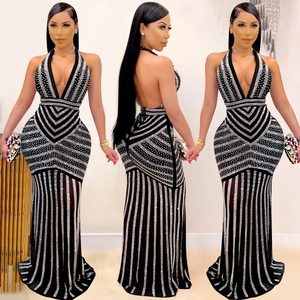 Sexy Deep V Neck Backless Halter Evening Dress For Women Rhinestone Geometric Stripe Mermaid Maxi Gown For Party Banquet