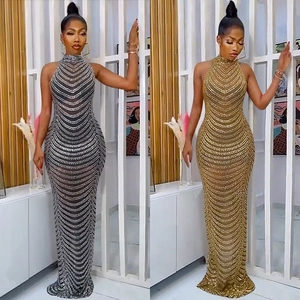 Elegant Halter Backless Evening Maxi Dress Mesh Hot Fixed Rhinestone Sequin Mermaid Long Party Dress Sexy Bodycon Banquet Gown