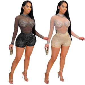Sexyer Langarm-Strass-Mesh-Jumpsuit mit Stehkragen und durchsichtigen Glitzer-Details