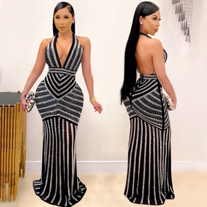 Sexy deep V-neck backless evening gown with geometric rhinestone patterns and fishtail hem