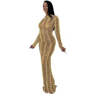 Detail view of sheer mesh dress featuring intricate gold sequin patterns and rhinestones