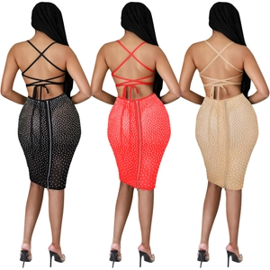 Sexy backless rhinestone midi dress with crisscross straps and back zipper detail
