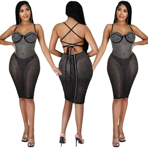 Macro view of rhinestone mesh on backless bodycon dress with crisscross tie detail