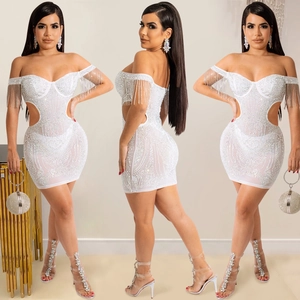 Detail of white mesh off-shoulder dress with silver rhinestones and fringe sleeves