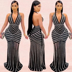 Detailed views of a deep V-neck halter evening gown with sparkling rhinestone vertical stripes