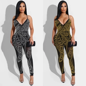 Women Sexy V Neck Rhinestone Jumpsuit Sleeveless Open Back Mesh Slim Fit Nightclub Party Black Gold Silver Catsuit Long Pants
