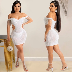 Sultry white off-shoulder bodycon dress with silver rhinestones and long tassel sleeves