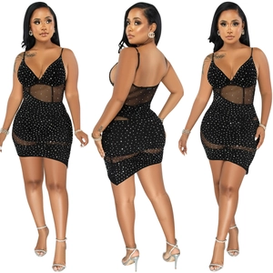 Three-way view of a sexy black V-neck dress with sparkling rhinestones and mesh inserts