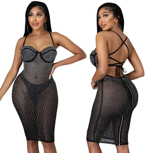 Detailed back view of sheer mesh dress with rhinestones and cross-tie back design