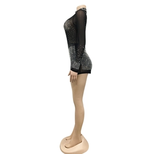 Detail eines schwarzen Mesh-Bodysuits mit dichten silbernen Strasssteinen und Ärmeln