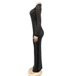 Detail view of black mesh dress with sheer long sleeves and sparkling silver rhinestones
