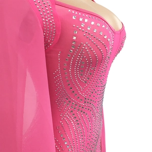 Detail of rose pink slim dress with silver rhinestones and sheer mesh shoulder cape
