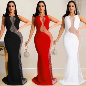 Women Sexy Nightclub Rhinestone Mesh Patchwork Backless Maxi Dress Elegant Sleeveless Bodycon Evening Gown Formal Party Dress