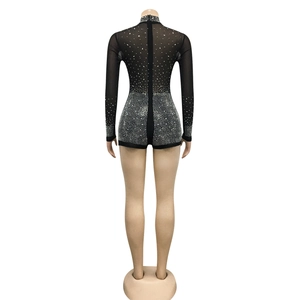 Detail eines transparenten Netz-Bodysuits in Schwarz mit Rückenreißverschluss und Glitzersteinen