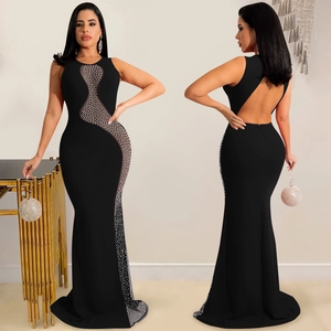 Sexy black sleeveless backless maxi dress with mesh rhinestones and fishtail silhouette