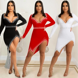 Sexy V-Ausschnitt Langarm Figurbetontes Kleid Strass Asymmetrisch Schlitz Party Nachtclub Schlank Elegant Midi Kleid