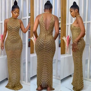 Front, side and back views of a gold sequin backless halter neck mermaid evening gown