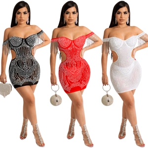 Detail of off-shoulder mini dress with rhinestone tassels and side cut-outs in three colors