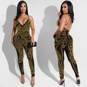 Women sexy mesh jumpsuit with golden rhinestones and deep V-neck backless design