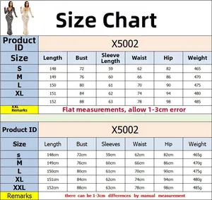 Detailed size chart for the sequin mesh dress X5002 covering sizes S to XXL in centimeters