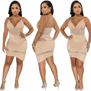 Three-view layout of a sexy V-neck bodycon dress with glitter rhinestones and mesh