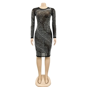 Detailed view of black mesh dress with elegant silver rhinestone feather pattern
