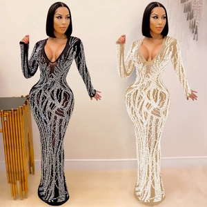 Women Sexy Mesh Rhinestone Maxi Dress Long Sleeve V Neck Sheer Bodycon Evening Gown Party Nightclub Bodycon Long Dress