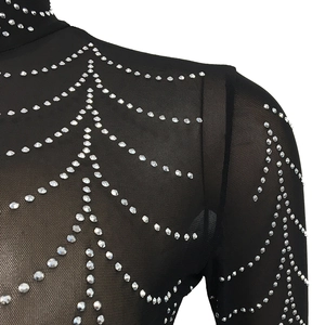 Close-up of sheer black mesh dress with glittering silver rhinestones and high neckline