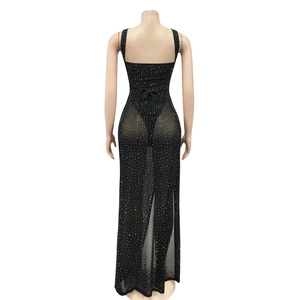 Detail view of black mesh maxi dress back with sparkling silver rhinestones and sheer layers