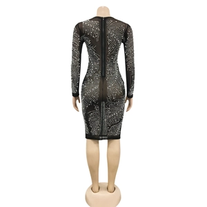 Detailed back view of a black mesh dress with glittering rhinestones and a long zipper