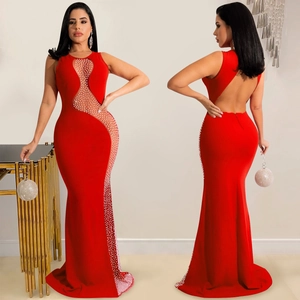 Red sleeveless backless rhinestone mesh evening dress with fisheye hemline