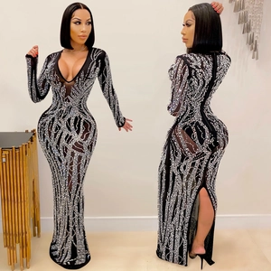 Detail showing the sheer mesh fabric and intricate silver rhinestone patterns on this dress