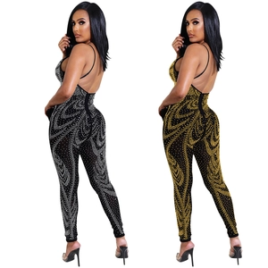 Sexy backless mesh jumpsuit for women with sparkling rhinestone patterns in black and gold