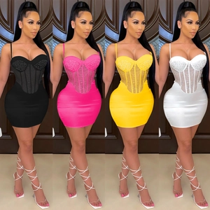 Sexy Women Rhinestone Mesh Patchwork Corset Mini Dress Spaghetti Strap Bodycon Party Clubwear Elegant Sleeveless Short Dress
