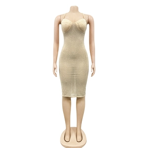 Close-up of see-through mesh dress with silver rhinestones and deep V-neckline