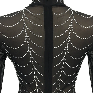 Detailed back view of sheer black mesh dress with silver rhinestones and invisible zipper