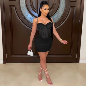 Elegant black corset mesh mini dress with rhinestones and spaghetti straps for women