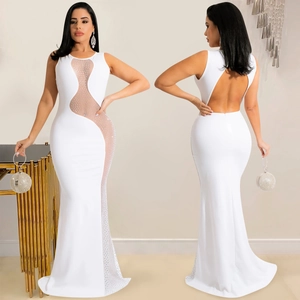 Sexy white backless mermaid evening dress with mesh patchwork and rhinestones